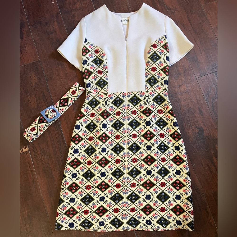 Vintage Julie Miller Polyester Patchwork Floral Boho Dress With Belt